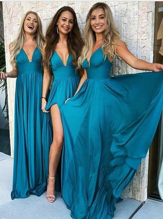 Plunging Neck Satin Chiffon Long Evening Bridesmaid Dress with Split UQB0005