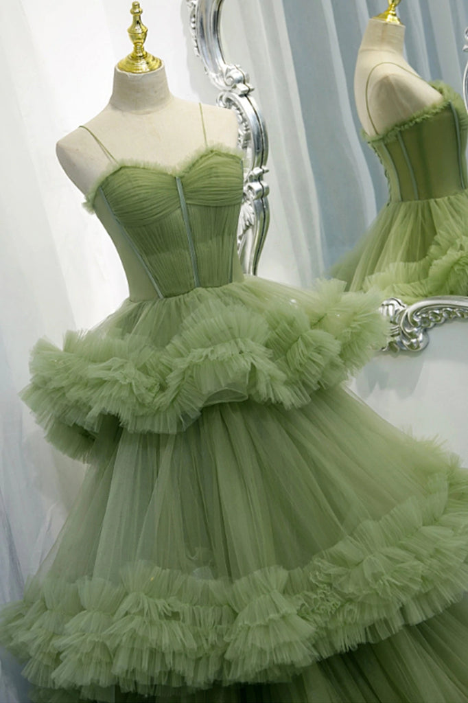 Princess Spaghetti Straps Green Tulle Long  Dress A line Tiered Formal Dress UQP0160