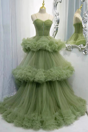 Princess Spaghetti Straps Green Tulle Long  Dress A line Tiered Formal Dress UQP0160