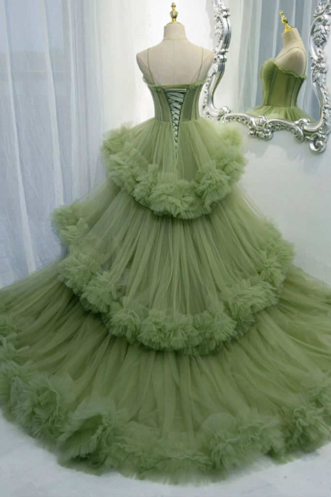 Princess Spaghetti Straps Green Tulle Long  Dress A line Tiered Formal Dress UQP0160