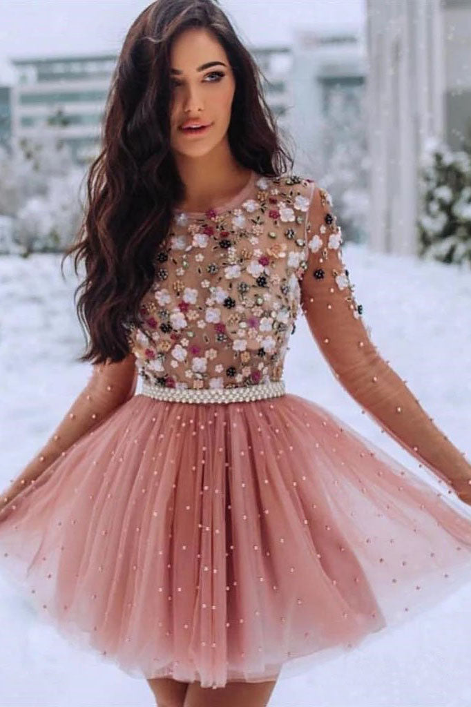 A Line Blush Pink Long Sleeve Homecoming Dresses 3D Flowers Beaded Short Prom Dresses UQH0051