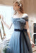 Blue Off the Shoulder Tulle Long Prom Dress with Sash, Sparkly Formal Gown UQP0138