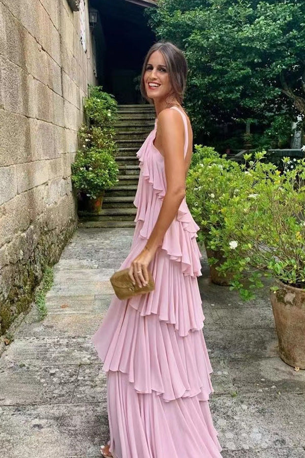 A Line Straps Tiered Chiffon Floor Length Long Prom Dress Pink Bridesm Uniquedresss A Line Straps Tiered Chiffon Floor Length Long Prom Dress Pink Bridesm Uniquedresss