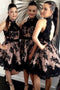 A-Line Black Lace Appliques Open Back Halter Short Bridesmaid Dresses UQB0004