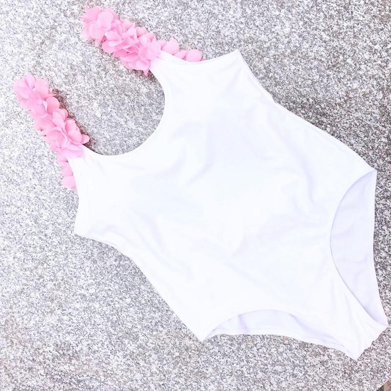 Chic White Scoop Neck With Pink Floral Trim One-piece Swimsuit B0055