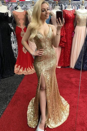 Sheath Front Split Long Sequin Shiny Prom Dresses Party Dress UQP0027