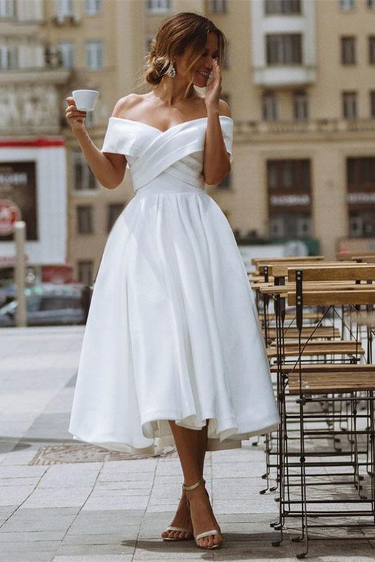 Elegant Off Shoulder Sleeveless Tea-Length Simple Wedding Dress UQW0023