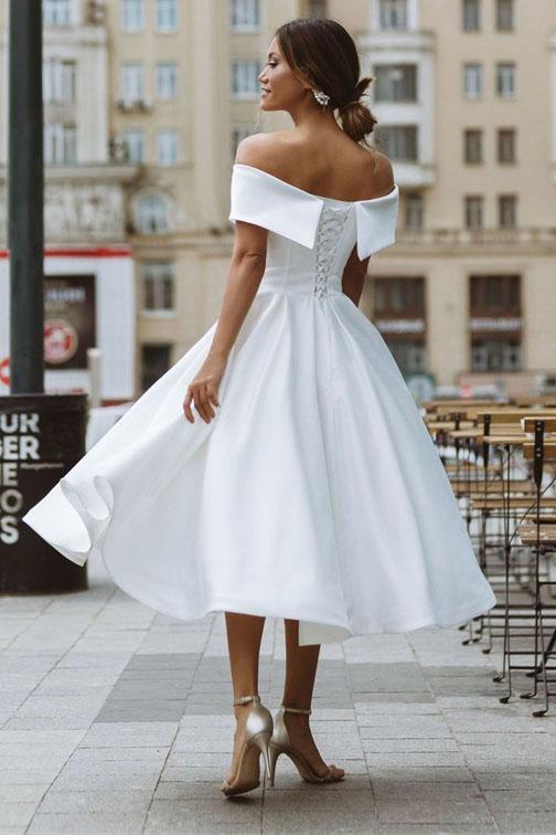 Elegant Off Shoulder Sleeveless Tea-Length Simple Wedding Dress UQW002 Uniquedresss Elegant Off Shoulder Sleeveless Tea-Length Simple Wedding Dress UQW002 Uniquedresss