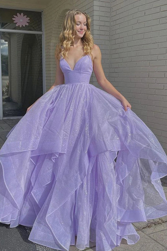 Shiny V Neck Fluffy Lavender Long Prom Dress, Long Formal Evening Dress UQP0037