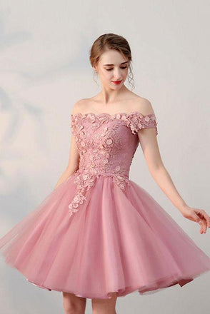 Pink Off the Shoulder Short Tulle Prom Dress, Cute Homecoming Dress with Appliques UQ1681