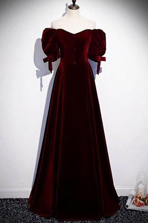 Modest Burgundy Long Prom Dresses with Short Sleeves Vintage Evening Gown UQP0075