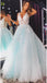 Deep V Neck Sleeveless Tulle Prom Dresses, A Line Appliqued Long Party Gown UQP0098