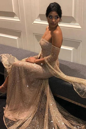 Unique Off the Shoulder Sheath Long Sleeveless Prom Gown, Sparkly Evening Dress UQP0157