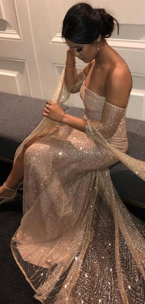 Unique Off the Shoulder Sheath Long Sleeveless Prom Gown, Sparkly Evening Dress UQP0157