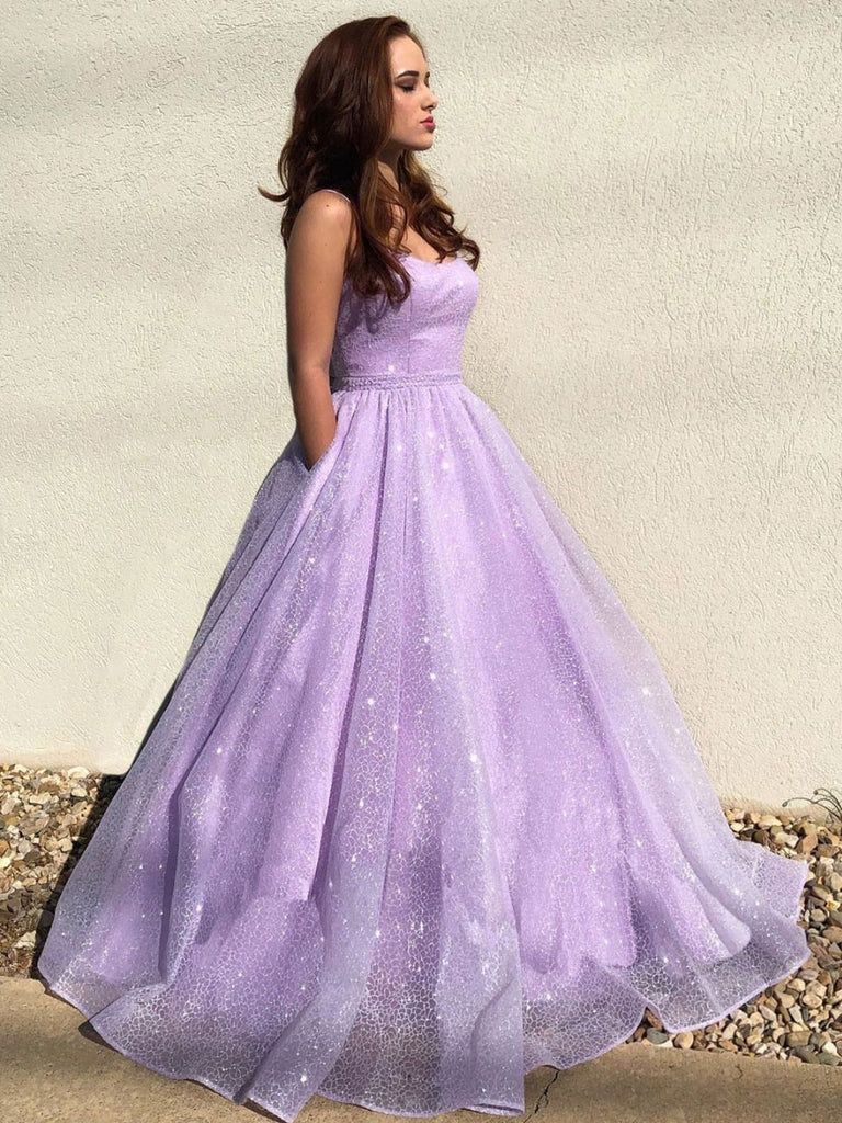 Lilac Spaghetti Strap Sparkly Prom Dress Long, Shiny Long Evening Dress UQP0009