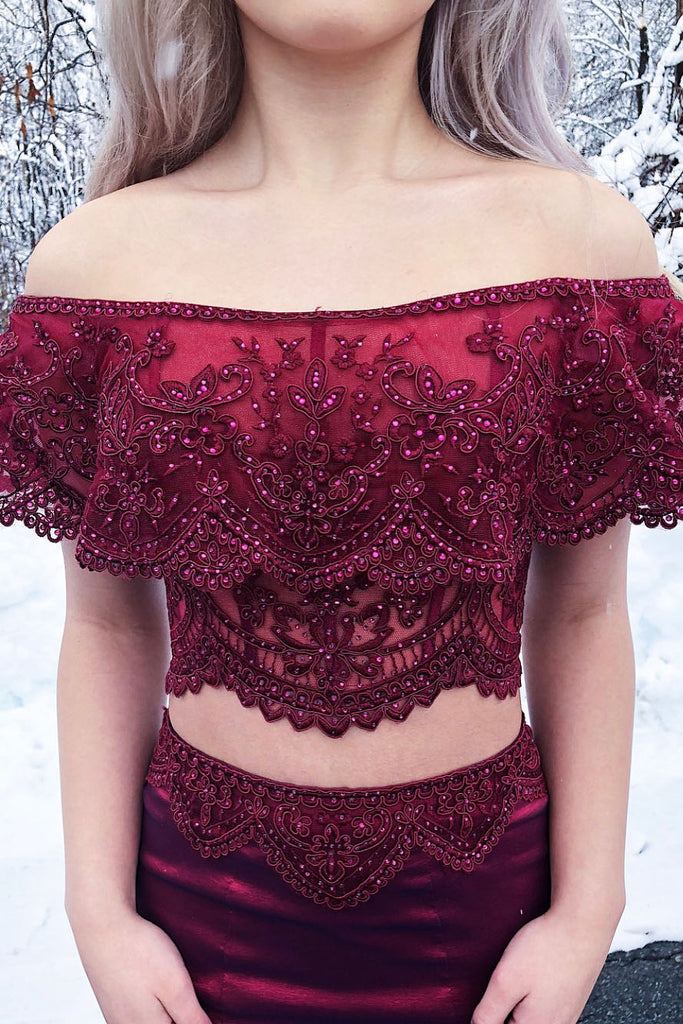 Two Piece Off the Shoulder Mermaid Burgundy Long Prom Dress UQP0032
