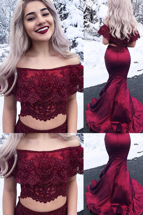 Free Shipping Two Piece Off the Shoulder Mermaid Burgundy Long Prom Dress UQP0032