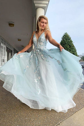 Spaghetti Straps Appliques Long Prom Dress With Beading, Long Formal Dress with Flower N1698