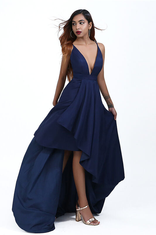 Elegant V Neck Sleeveless High Low Navy Blue  Prom Dress UQP0031