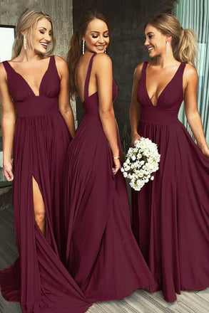 Deep V-neck Long Backless Long Maroon Bridesmaid Dresses with Split UQB0006