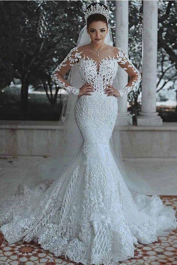Glamorous Long Sleeves Wedding Dress Mermaid Lace Bridal Gowns UQW0021