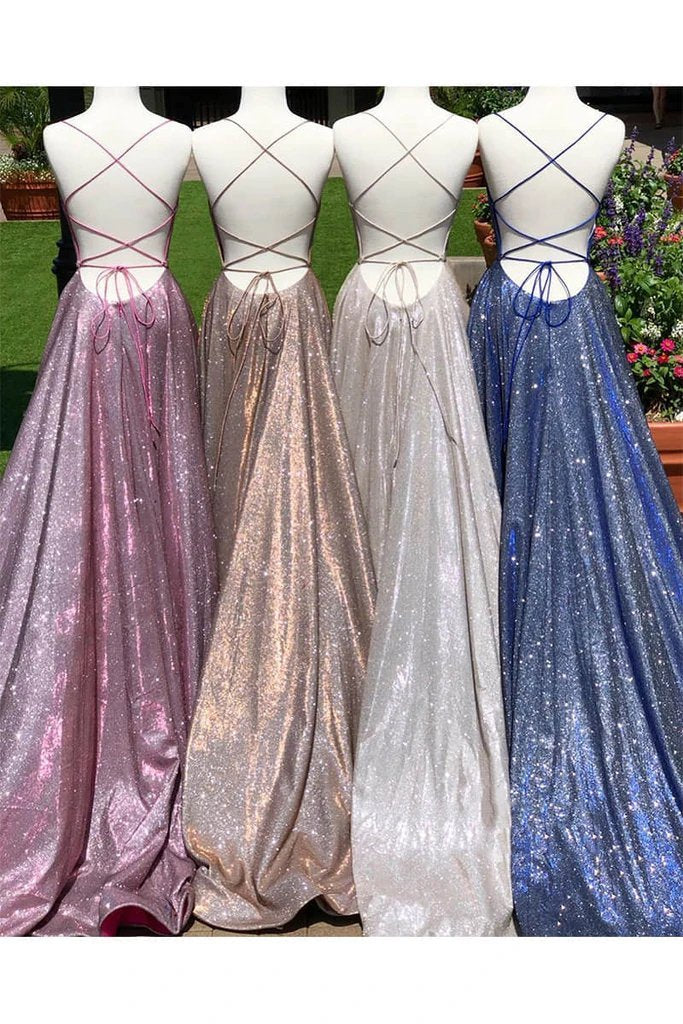 Sparkly A Line Prom Dresses, Spaghetti Straps Split Evening Dresses UQP0007