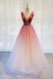 A-Line Burgundy V Neck Tulle Sequin Long Prom Dress Burgundy Evening Dress UQP0045