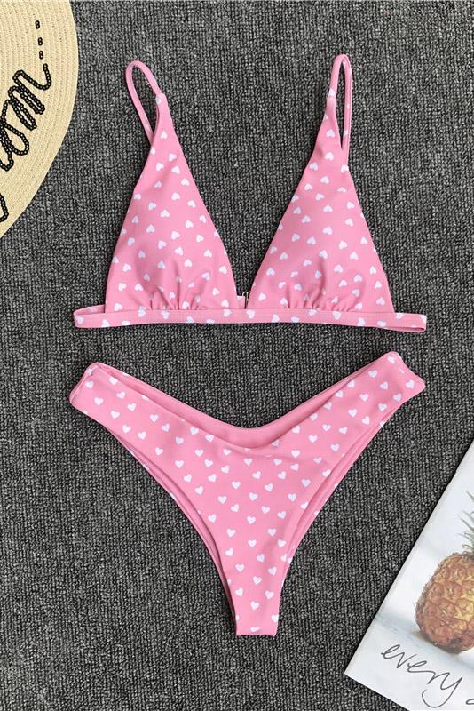 Chic Heart Printed Triangle Bikinis Two Piece Swimsuit SW925