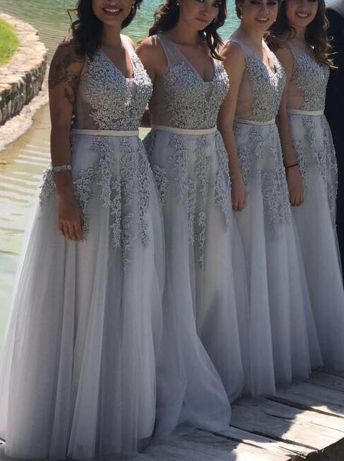 A Line V-Neck Sleeveless Gray Long Bridesmaid Dresses With Appliques UQB0007