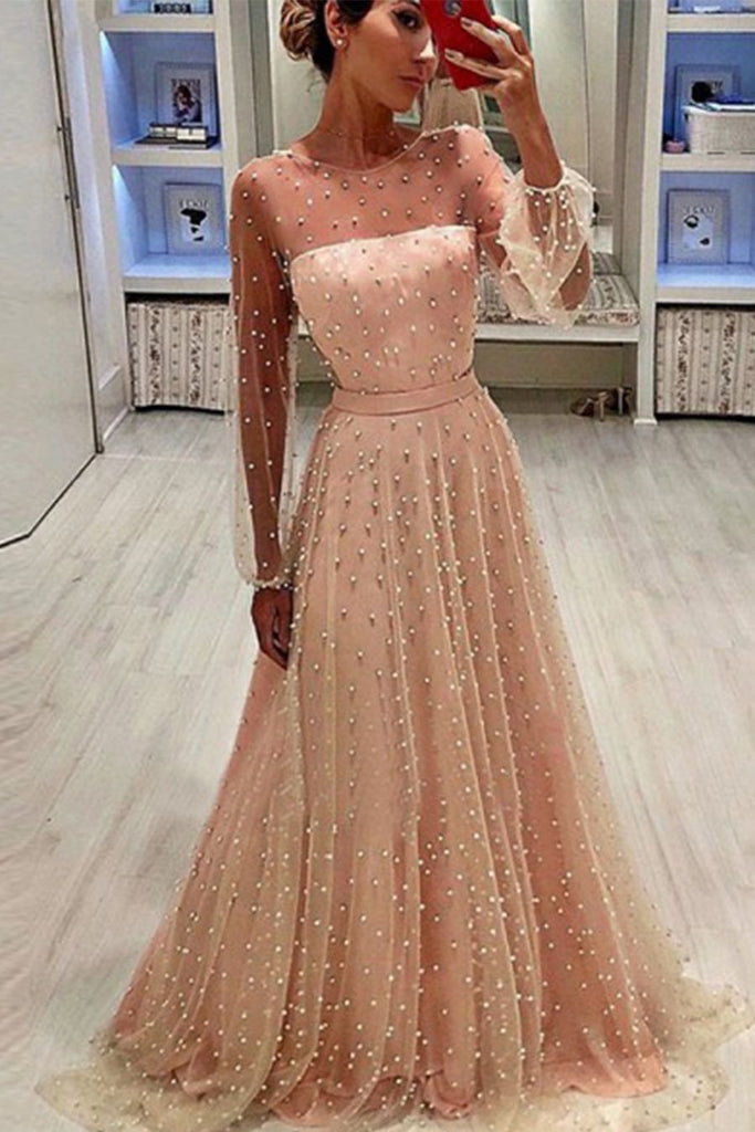 A-Line Jewel Long Sleeves Pearl Pink Long Prom Dress with Pearls, Unique Formal Dress UQ1744