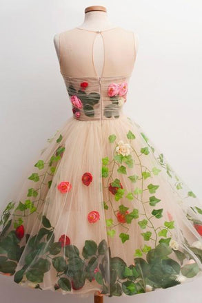 A-Line Scoop Tulle Short Homecoming Dress with 3D Florals UQH0056