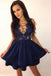 A-Line Short Tiered Dark Blue Sexy Homecoming Dress with Appliques, Graduation Dress N1836