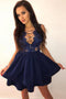 A-Line Short Tiered Dark Blue Homecoming Dress with Appliques, Graduation Dress UQ1836