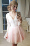 A-Line V-Neck Low Cut Lace Tulle Pink Homecoming Party Dress with Long Sleeves UQ1904