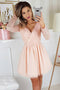 A-Line V-Neck Pink Tulle Long Sleeves Tulle Homecoming Dress with Lace UQ1905