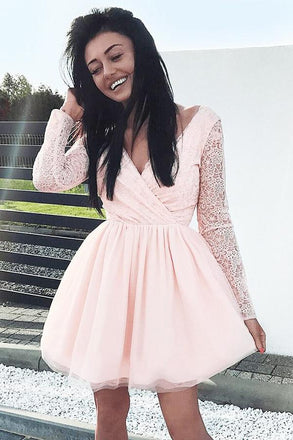 A-Line V-Neck Pink Tulle Long Sleeves Tulle Homecoming Dress with Lace UQ1905