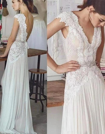 Unique V Neck Cap Sleeves Chiffon Beach Wedding Dress with Beading Waist UQ2521