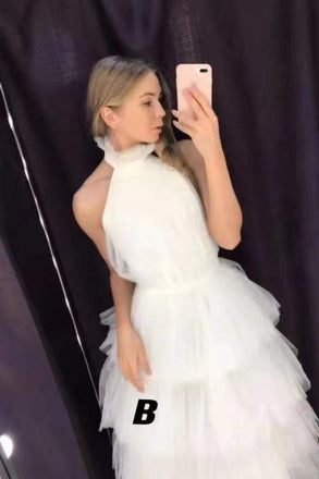 A Line Ankle Length High Neck Tiered Tulle Prom Dress, Homecoming Dresss UQP0179