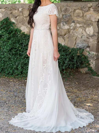 A Line Lace Beach Wedding Dresses with Short Sleeves, Lace Boho Bridal Gown UQW0058