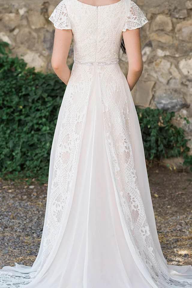 A Line Lace Beach Wedding Dresses with Short Sleeves, Lace Boho Bridal Gown UQW0058
