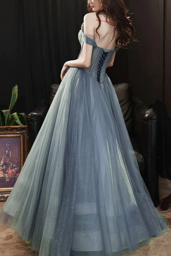 A Line Off the Shoulder Tulle Prom Dress, Sparkly Long Evening Gown UQP0191