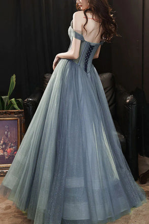 A Line Off the Shoulder Tulle Prom Dress, Sparkly Long Evening Gown UQP0191