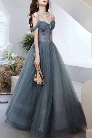A Line Off the Shoulder Tulle Prom Dress, Sparkly Long Evening Gown UQP0191