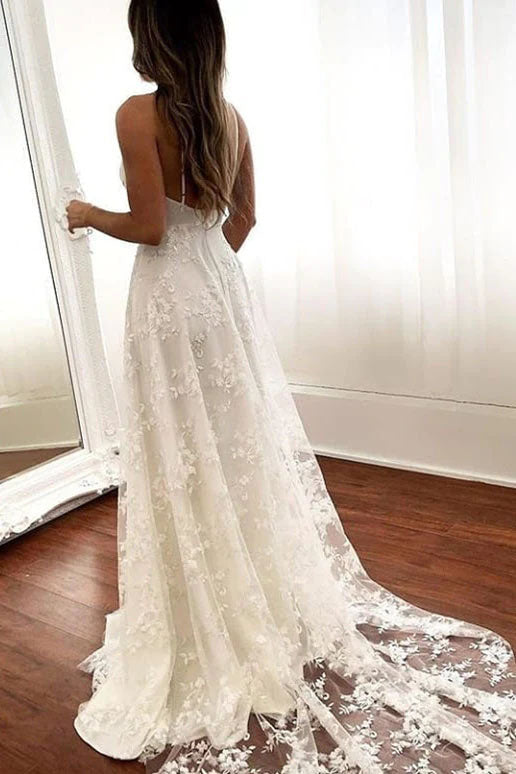 A Line Spaghetti Straps Lace Appliques V Neck Wedding Dresses With High Slit UQW0081