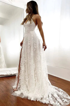 A Line Spaghetti Straps Lace Appliques V Neck Wedding Dresses With High Slit UQW0081