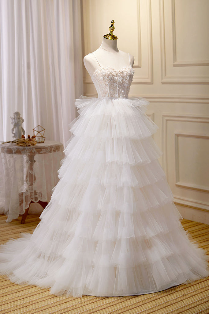 A Line Spaghetti Straps Tiered Ivory Tulle Wedding Dress with 3D Flowers UQW0075