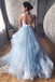 A Line V Neck Blue Long Prom Dresses with Lace Appliques, Formal Dresses UQP0158