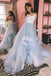 A Line V Neck Blue Long Prom Dresses with Lace Appliques, Formal Dresses UQP0158