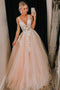 Puffy Deep V Neck Sleeveless Tulle Prom Dresses, A Line Appliqued Floor Length Party Dress UQ2571