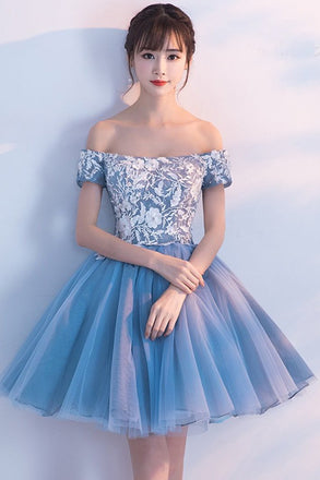 A Line Off The Shoulder Applique Short Homecoming Dress, Puffy Cocktail Dresses N1947